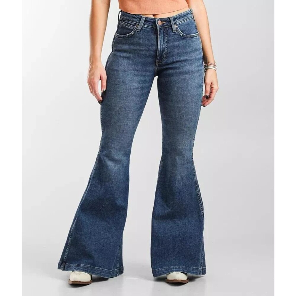 Wrangler Retro Womens Bailey Denim Jeans High Rise Trumpet Flare Dark Blue New